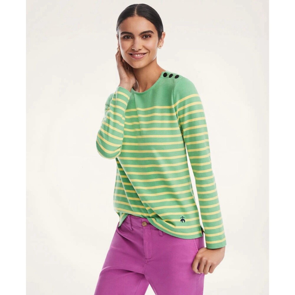 Brooks Brothers Cotton Mariner Stripe Long Sleeve T Button Green Yellow Sz L EUC